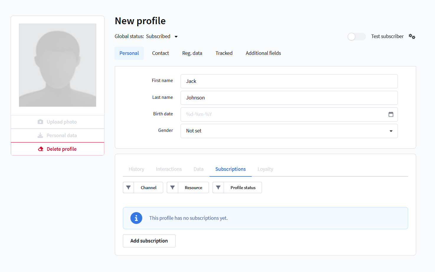 New profile form with the open Subscriptions tab