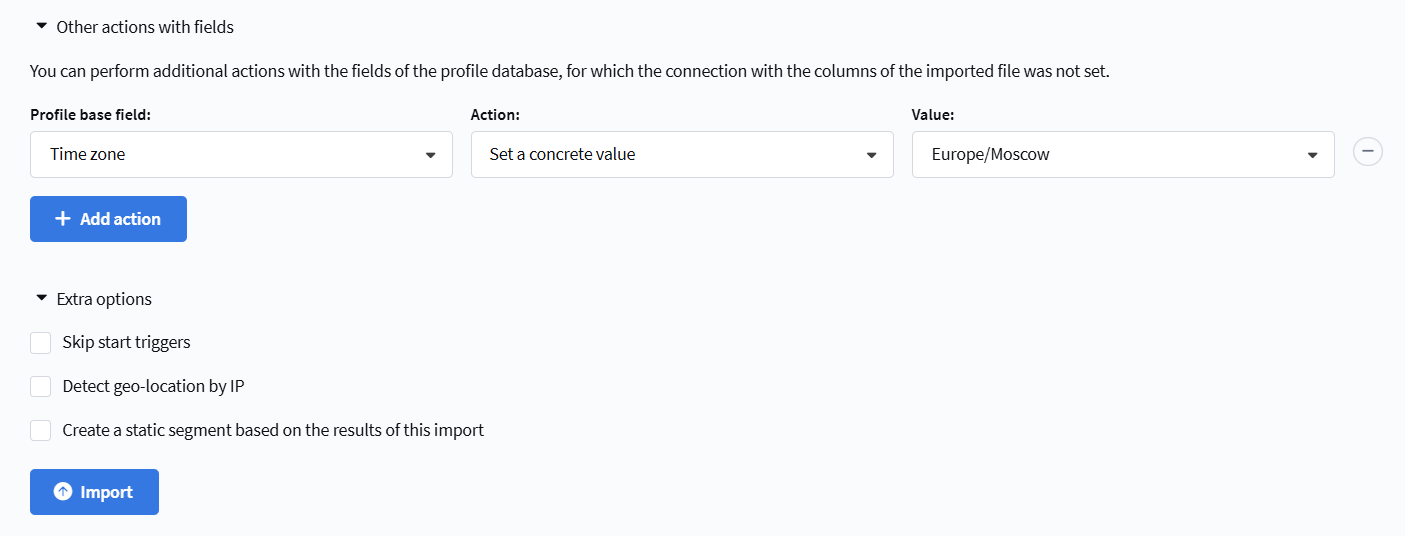 Final import step: Other actions with fields and Extra options