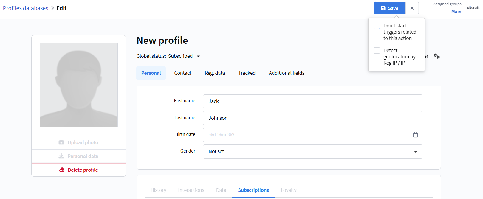 New profile form with the Save dropdown: trigger and geolocation options