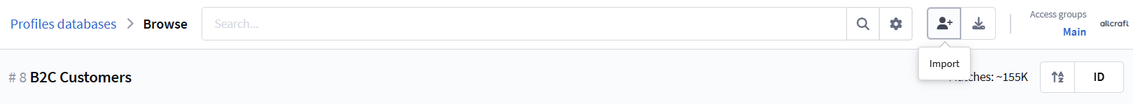 Database Browse view with the opened import menu